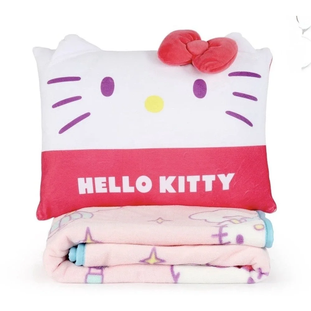 Hello Kitty 2 Piece Character Pillow 10x16 And Throw Set 40x50 New and Cuddly